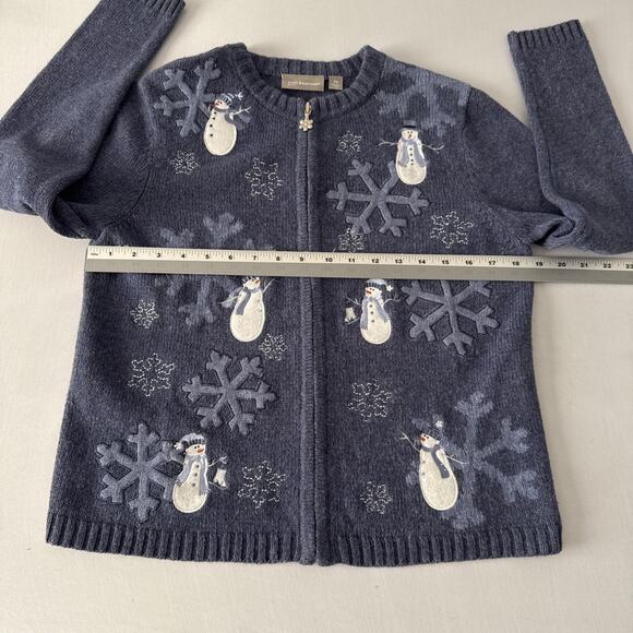Women's Petite S Christmas Wool Blend Embroidered Snowmen Full Zip Cardigan Blue - Picture 7 of 10